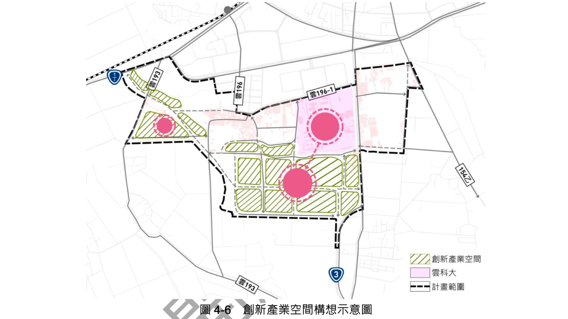 創新產業空間構想示意圖(來源：擬定斗六(雲林科技大學周邊地區)特定區計畫主要計畫書4-11頁112.8)