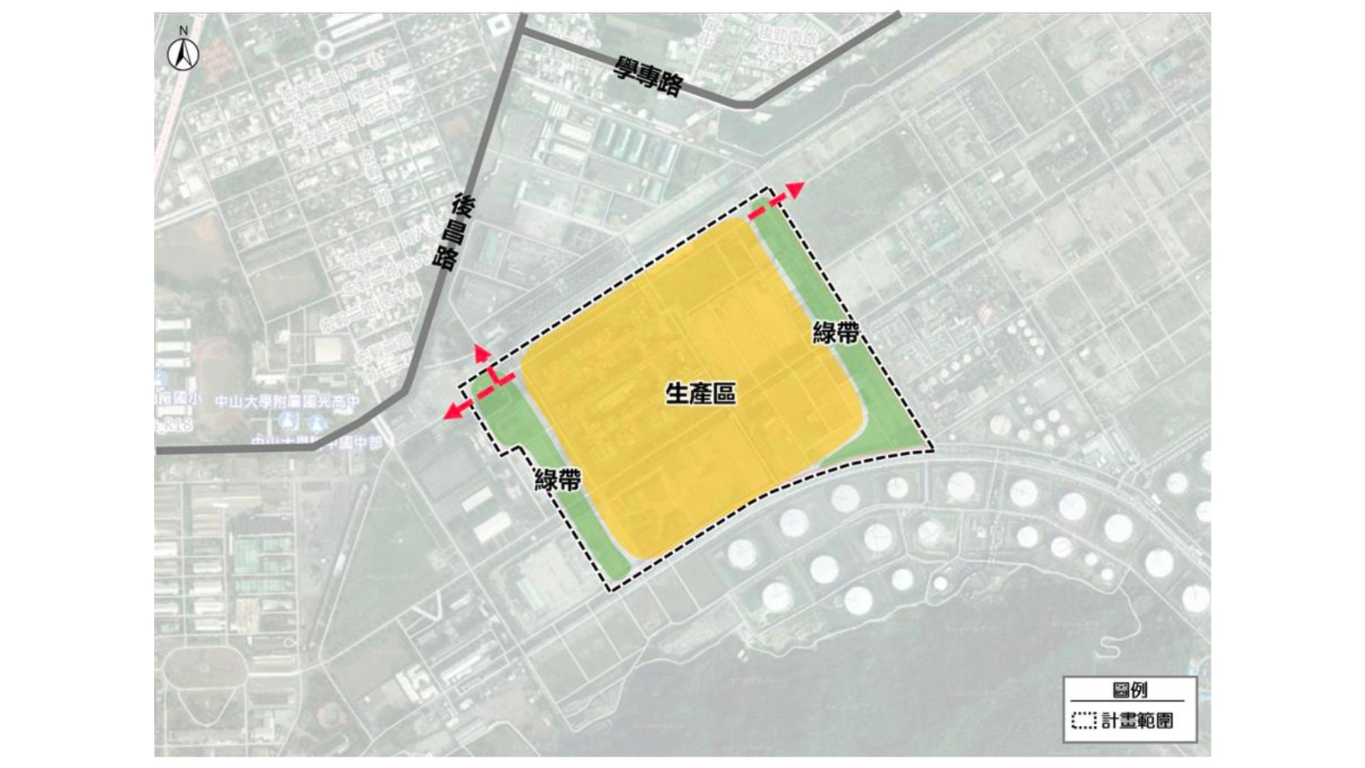 規劃構想(來源：擬定原高雄市都市計畫細部計畫(原中油公司高雄煉油廠土地)(配合楠梓產業園區設置計畫)案計畫書)