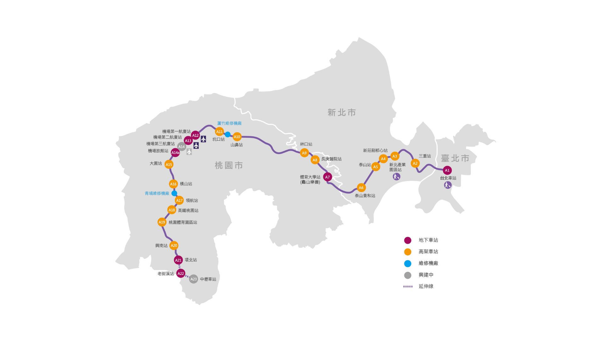 機場捷運線路線圖(來源：桃園市政府捷運工程處)