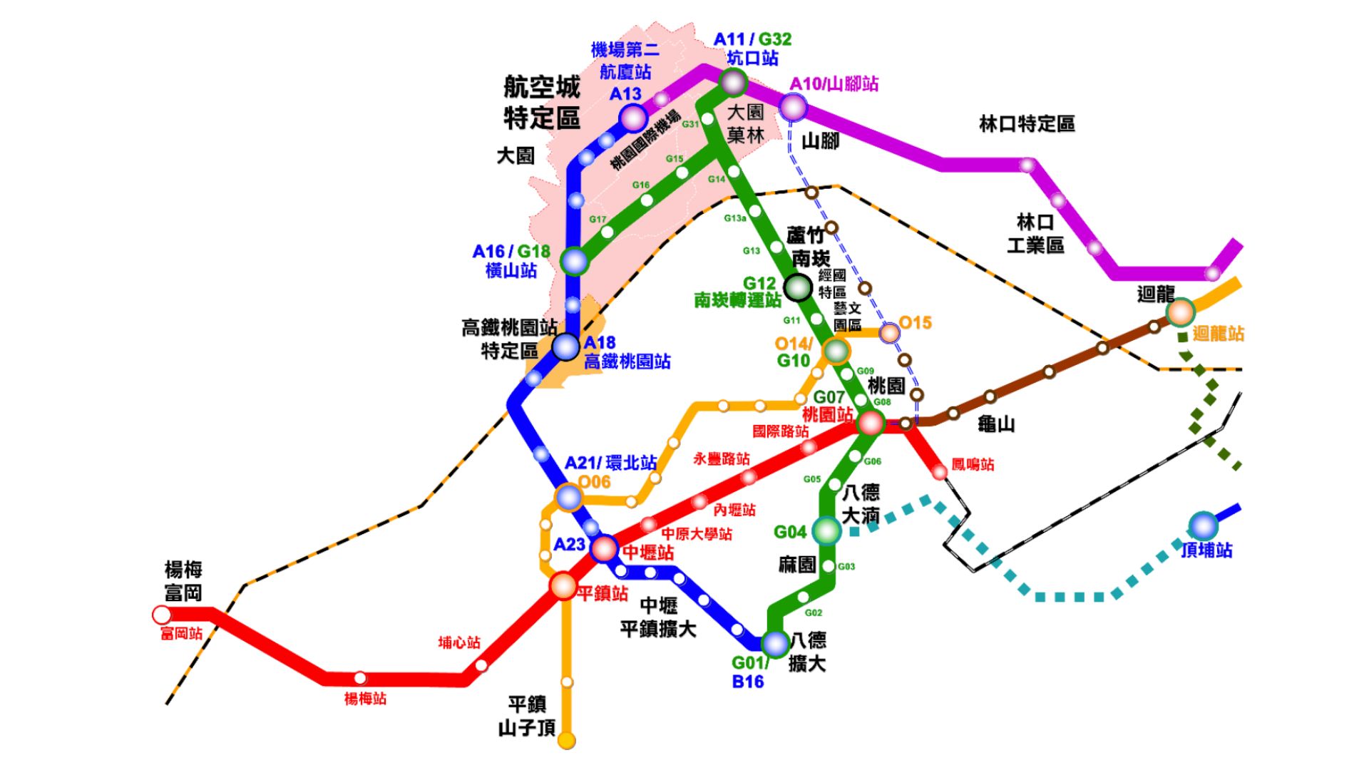 桃園都會區「有綠線-目路網」軌道運輸路網示意圖（來源：臺北市政府捷運工程處）