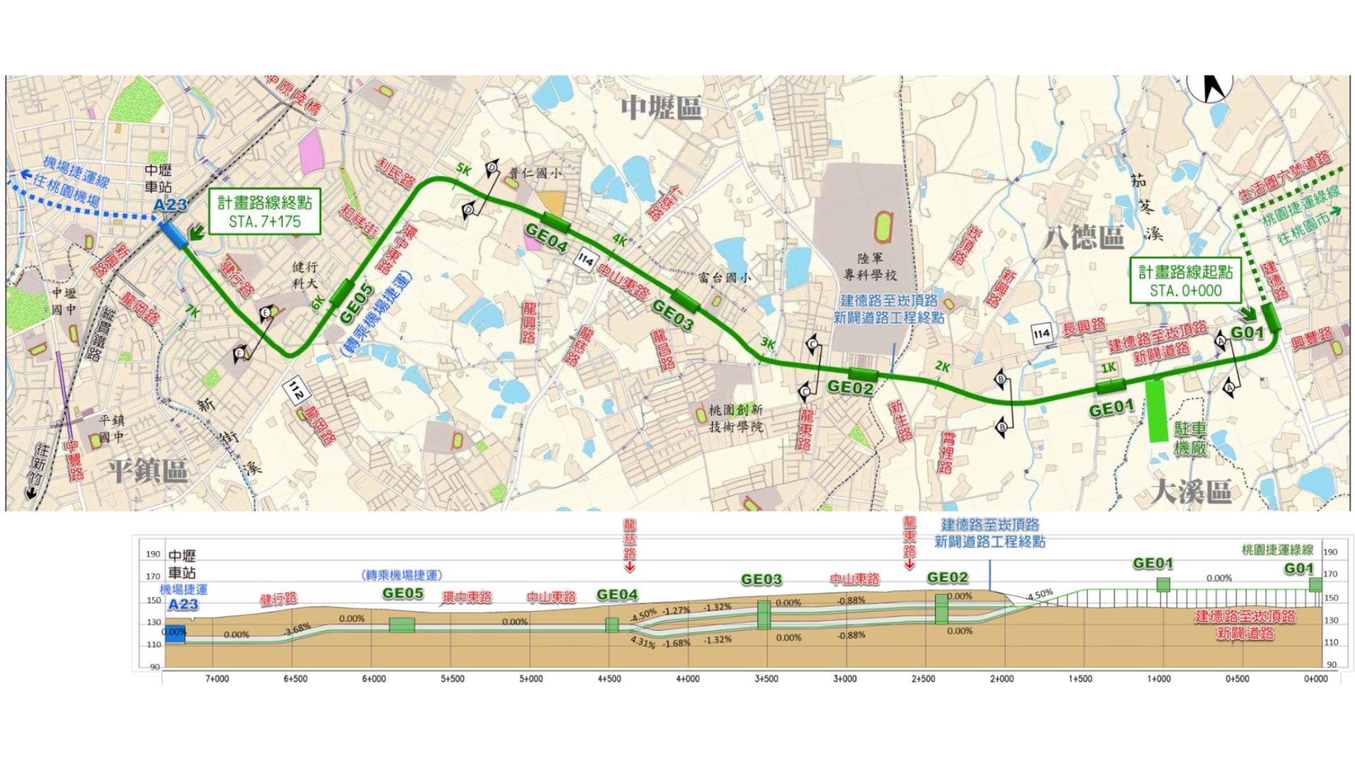 桃園捷運綠線延伸中壢路線示意圖（來源：桃園市政府捷運工程處）