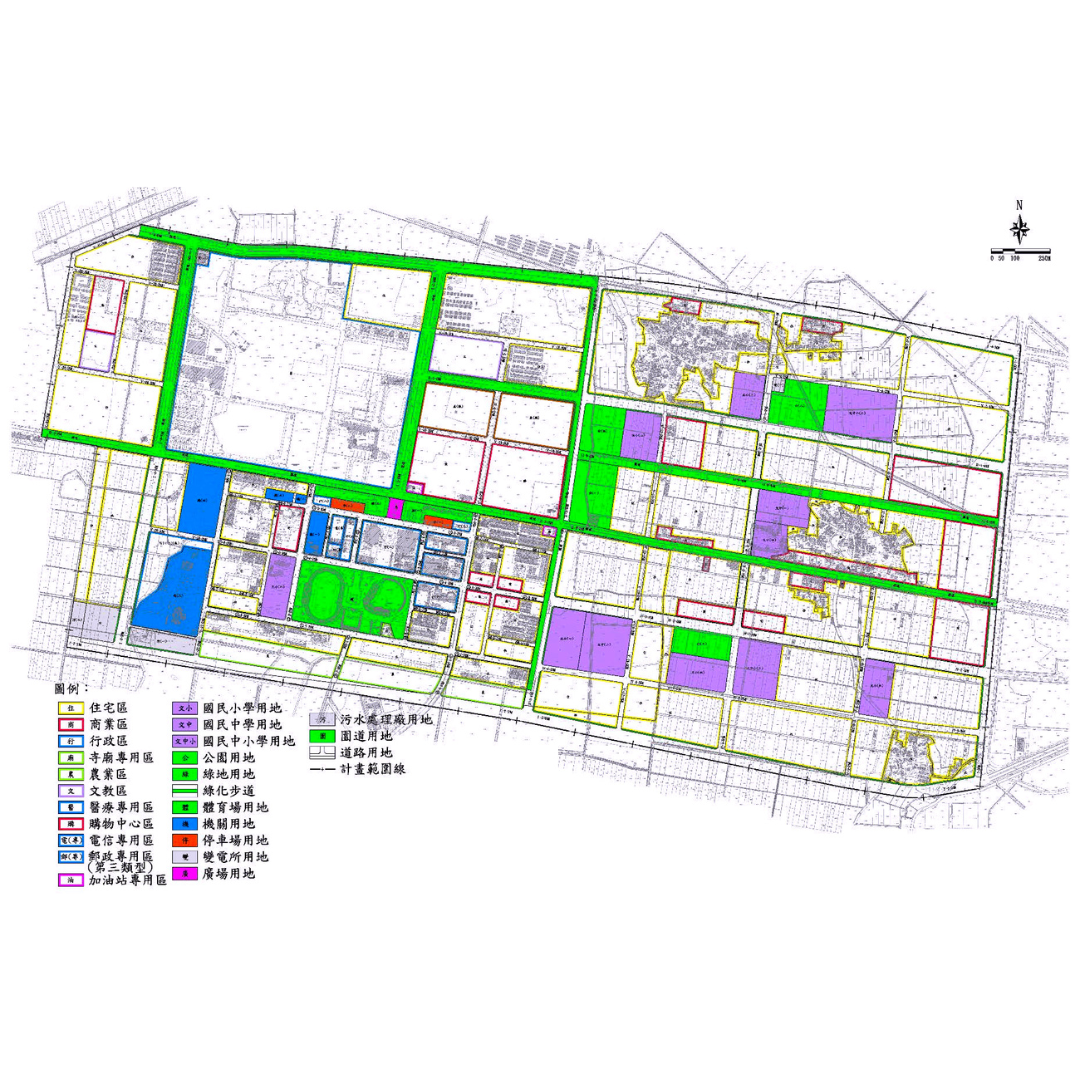 圖二 變更嘉義縣治都市計畫(合併都市計畫暨第一次通盤檢討)(第一階段)土地使用內容 (出處:嘉義縣政府)