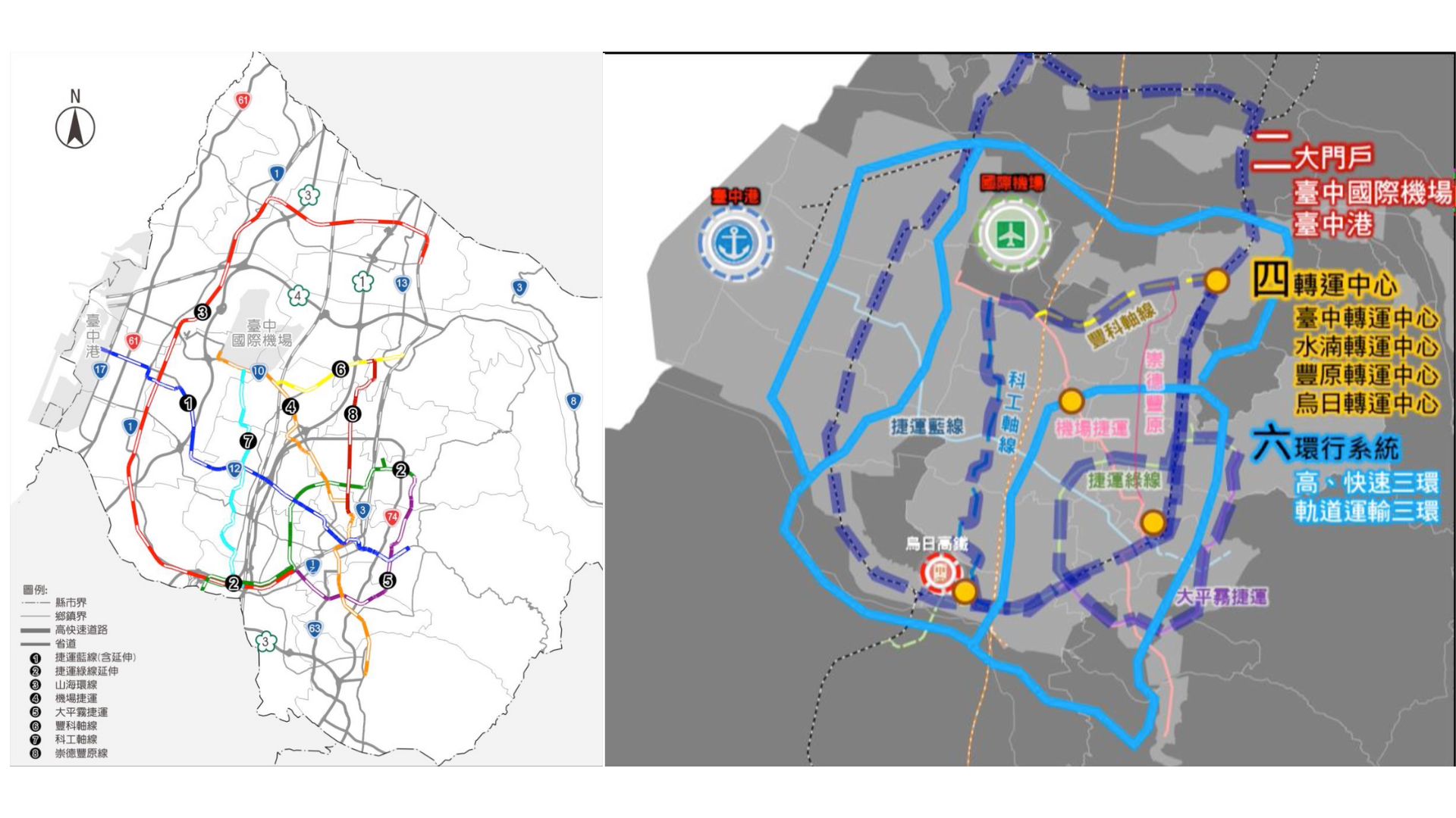 圖左：大臺中二四六-智慧環行中都架構示意，右：大臺中軌道路網計畫示意圖（來源：臺中市國土計畫）