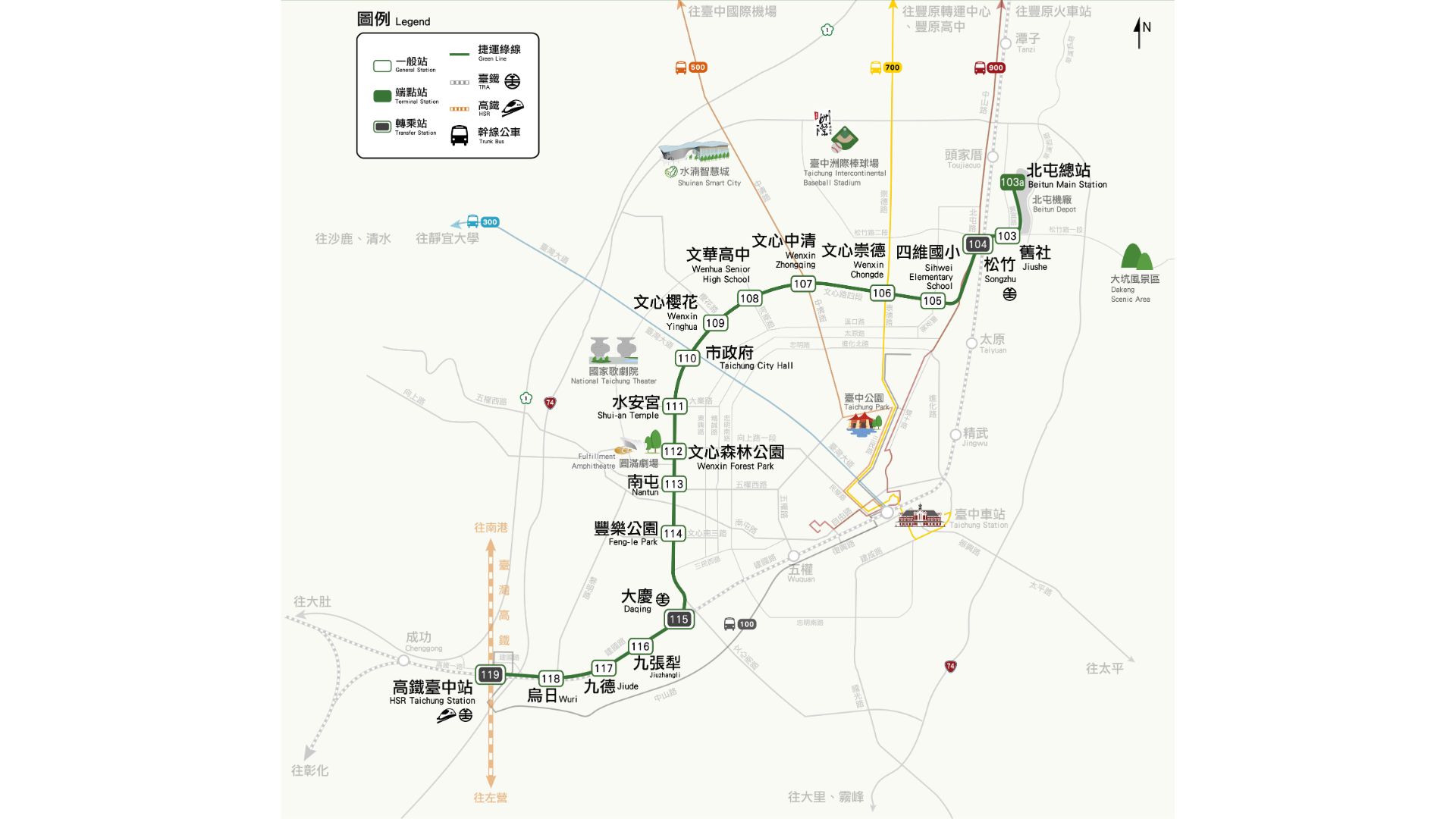 臺中捷運綠線路線圖（來源：臺中市政府捷運工程處）