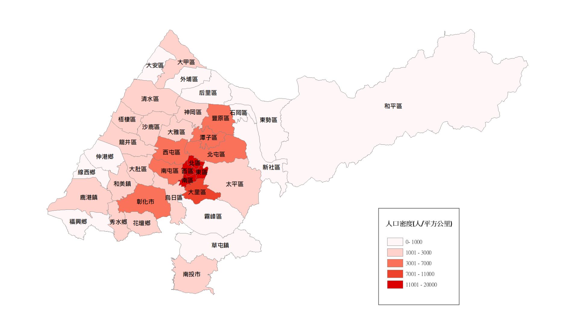 臺中都會區人口密度圖（來源：臺中市政府捷運工程處）