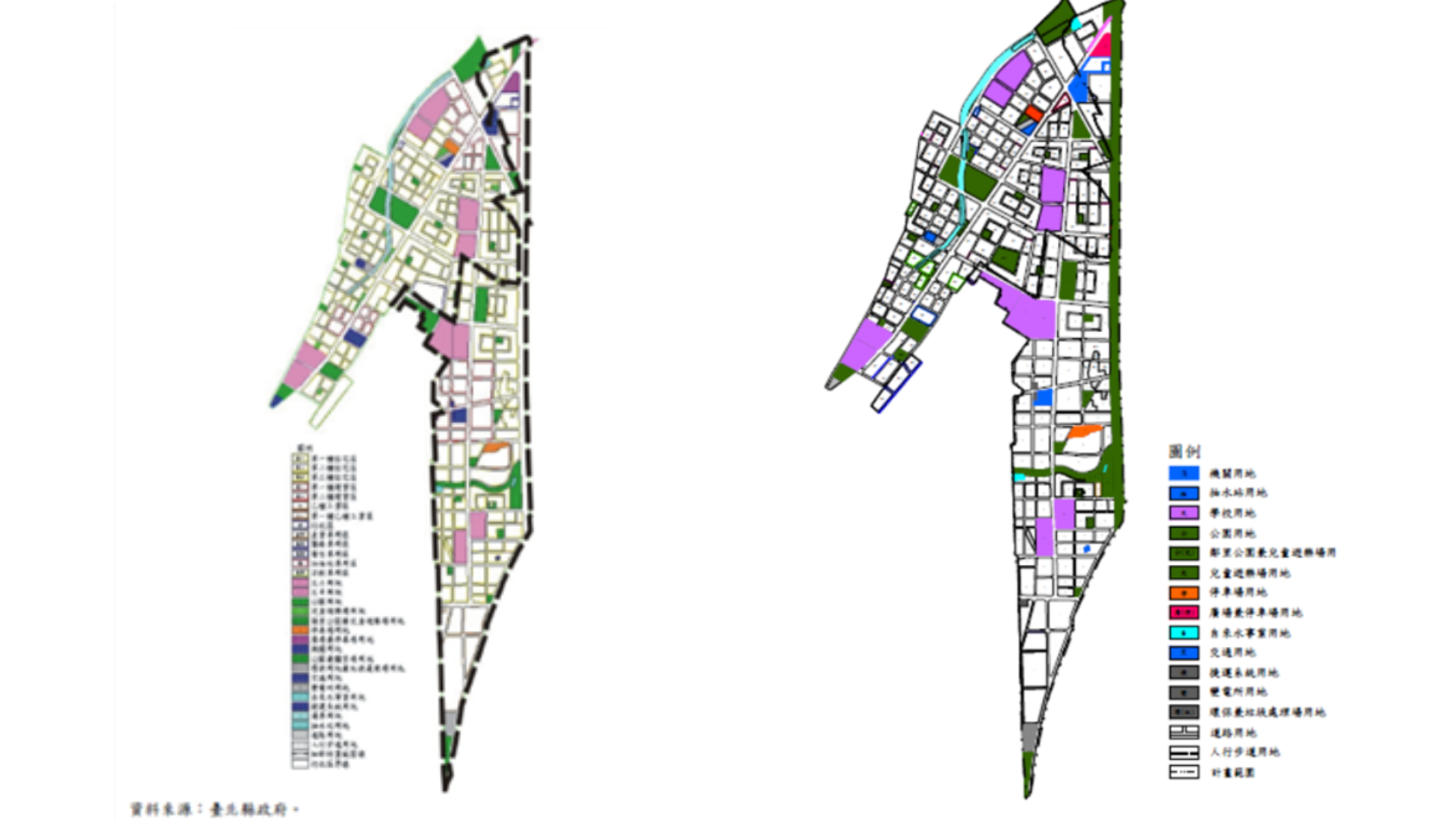 左圖:全區細部計畫圖         右圖:公共設施分布