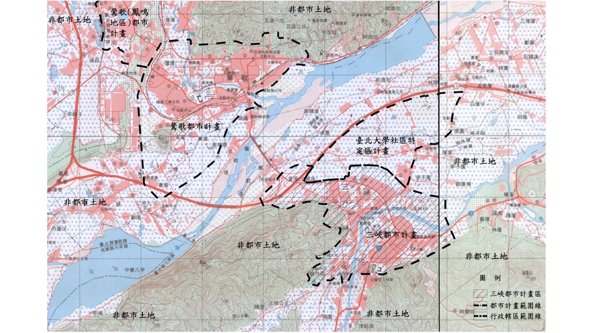 本次通盤檢討範圍與周邊都市計畫關係示意圖