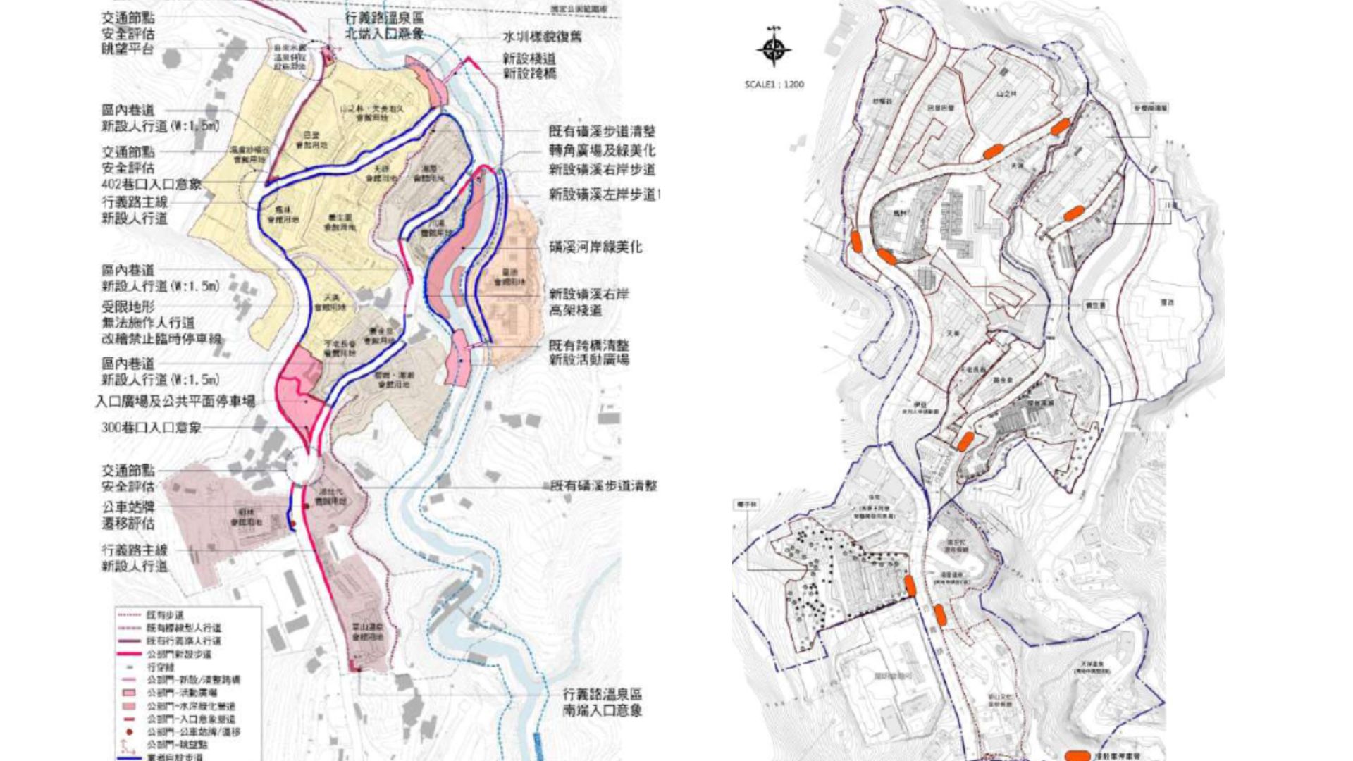 左圖:行義路溫泉區整體公共設施配置  右圖.全區接駁車停車彎