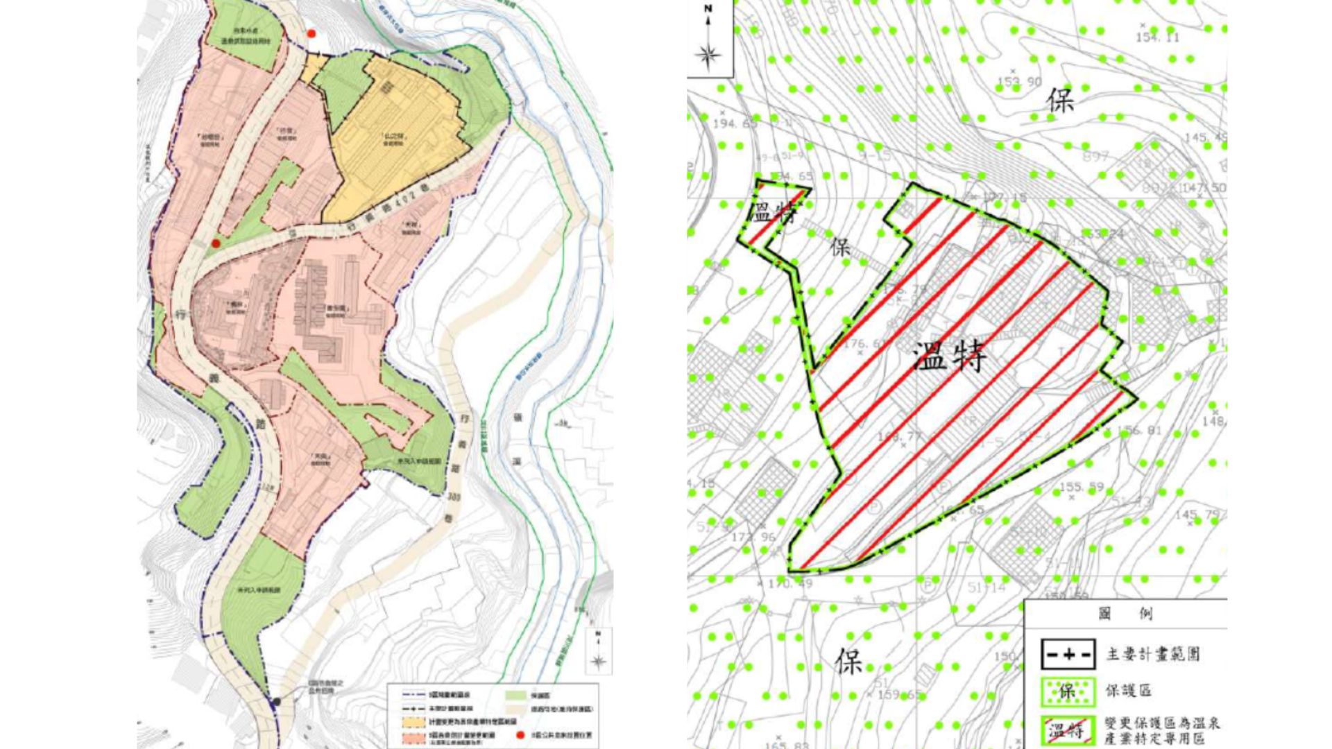 左圖:分區整體規劃範圍  右圖:變更後土地使用分區