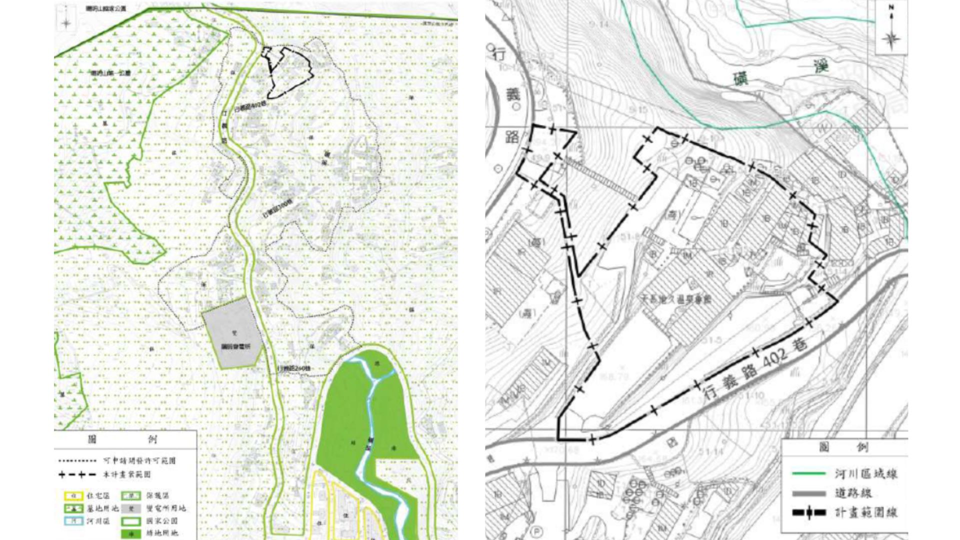 左圖:申請開發許可範圍   右圖:本計畫基地位置圖
