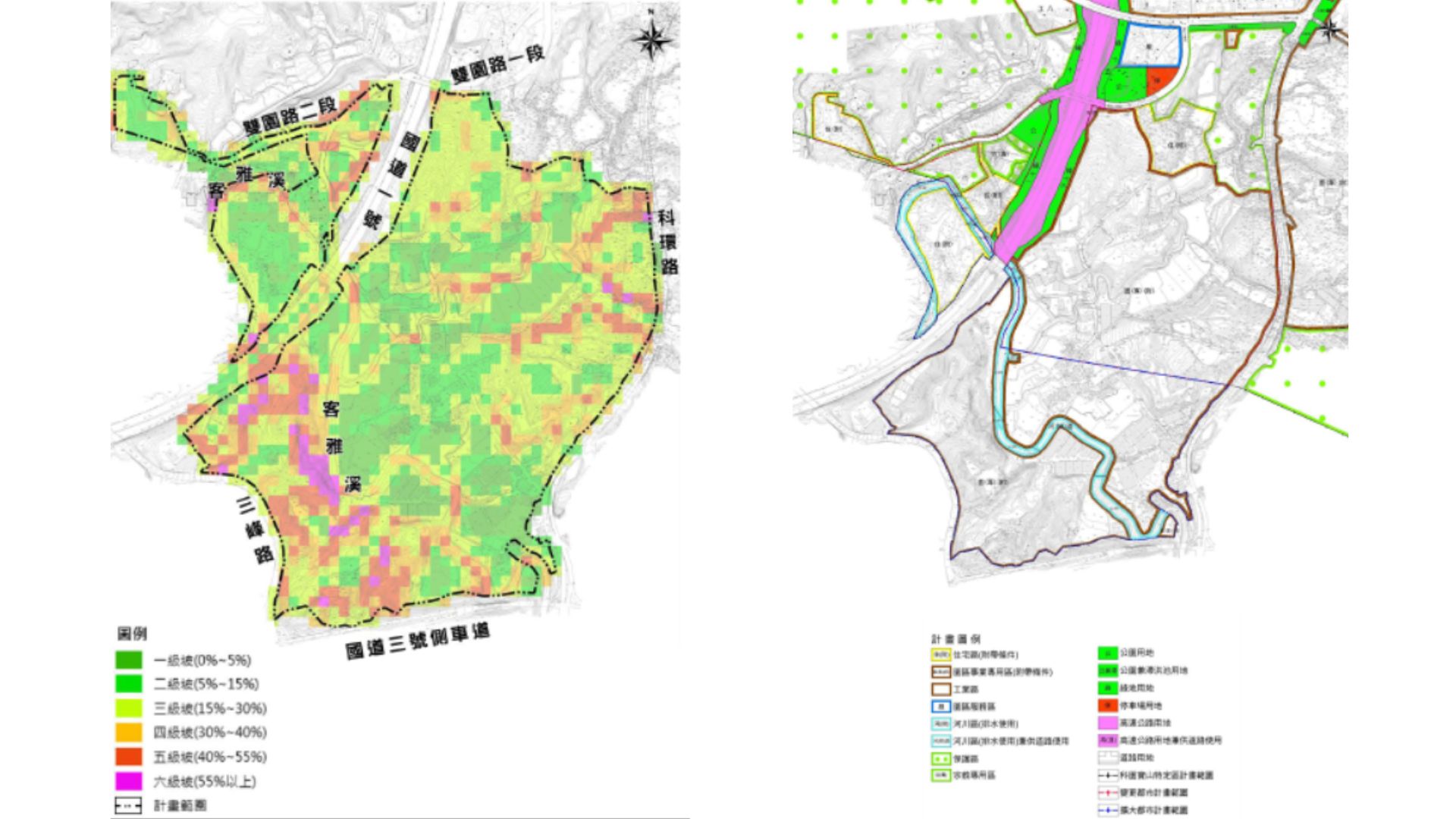 地形坡度分析(左)與主要計畫圖(右)