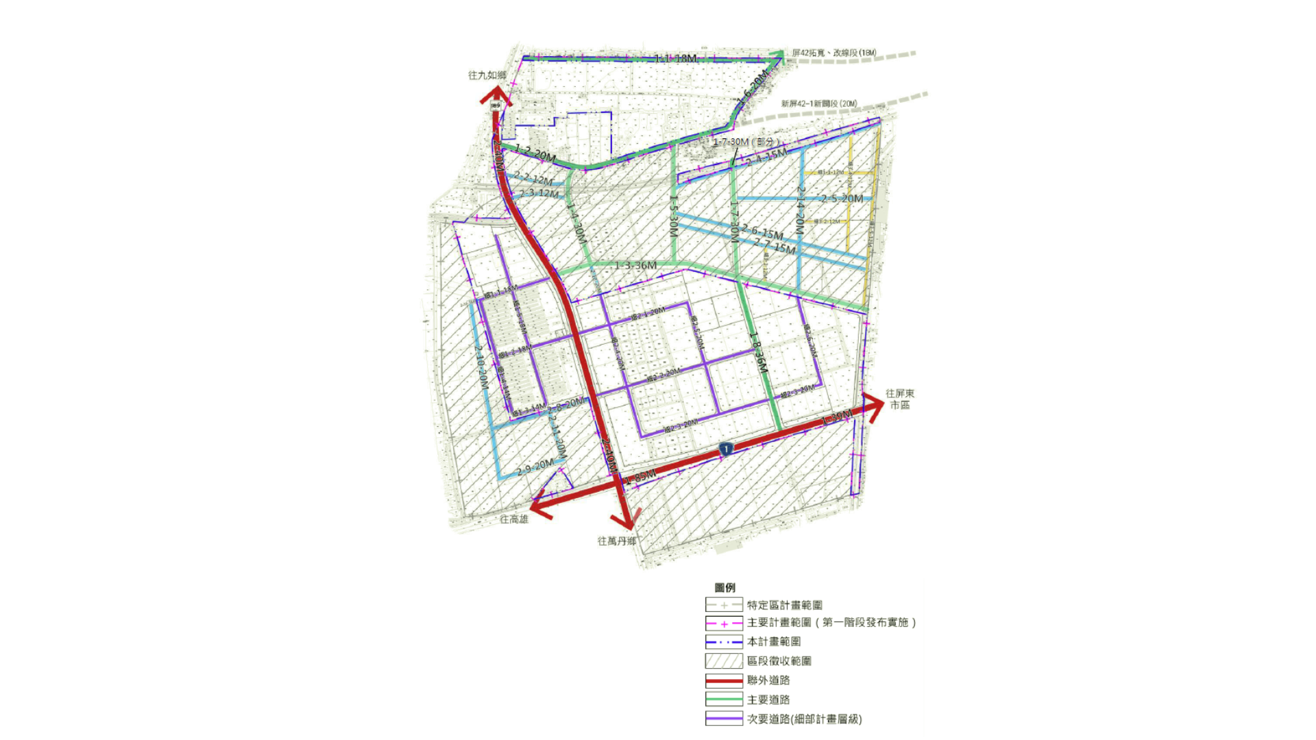 圖九 擬定高速鐵路屏東車站特定區計畫（配合主要計畫第一階段）（細部計畫）道路系統及編號 (出處:屏東縣政府)