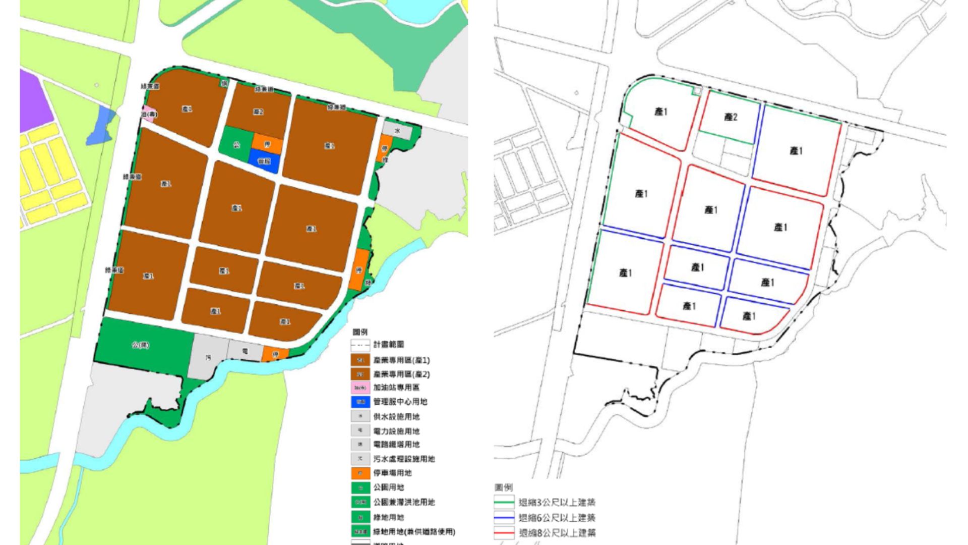 細部計畫(左)產業專用區建築退縮示意(右)