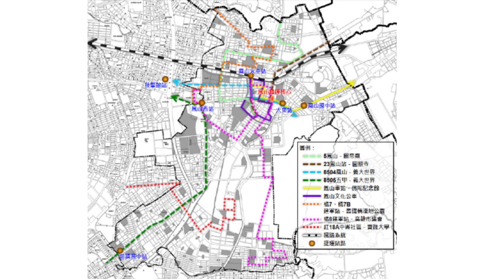 鐵路與捷運站以及公車系統站點及路線示意