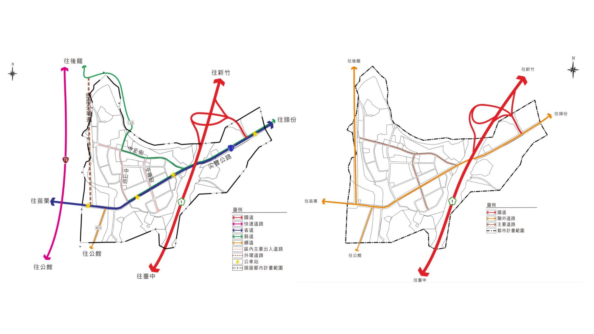 現況交通系統示意圖（圖左）變更後交通系統示意圖（圖右）