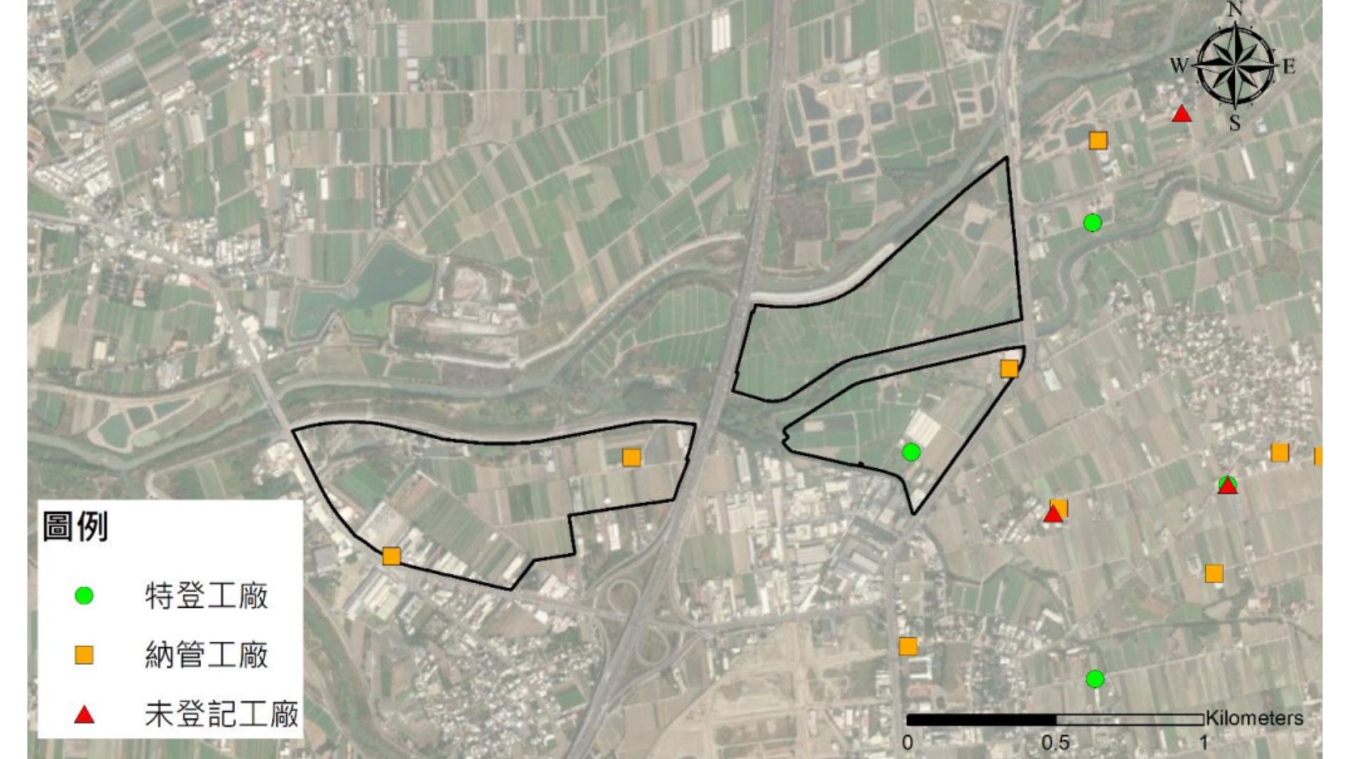 基地範圍及周邊地區工特登、納管及未登記工廠分布